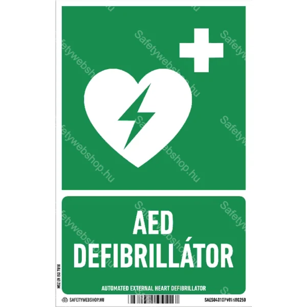 Defibrillátor matrica / tábla (ISO 7010-E010 piktogram + felirat)
