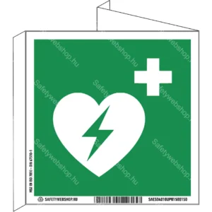 Defibrillátor utánvilágító tábla, faltól elálló, sátor alakú, kétoldalas (ISO 7010-E010 piktogram)