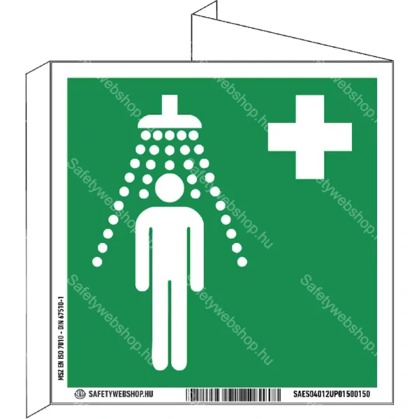 Biztonsági zuhany utánvilágító tábla, faltól elálló, sátor alakú, kétoldalas (ISO 7010-E012 piktogram)