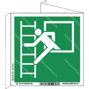 Vészhelyzeti ablak menekülési létrával (balra) utánvilágító tábla, faltól elálló, sátor alakú, kétoldalas (ISO 7010-E016 piktogram)