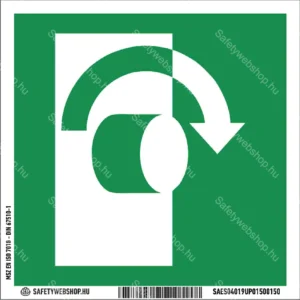 Nyitáshoz fordítsa jobbra (óramutató járásával megegyezően)! matrica / tábla (ISO 7010-E019 piktogram)