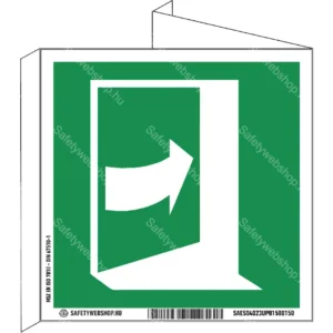Nyitáshoz nyomja meg az ajtó jobb oldalát! utánvilágító tábla, faltól elálló, sátor alakú, kétoldalas (ISO 7010-E023 piktogram)