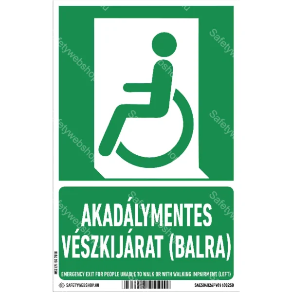 Akadálymentes vészkijárat (balra) matrica / tábla (ISO 7010-E026 piktogram + felirat)