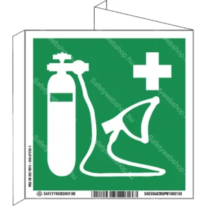 Oxigén lélegeztető utánvilágító tábla, faltól elálló, sátor alakú, kétoldalas (ISO 7010-E028 piktogram)
