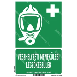 Vészhelyzeti menekülési légzőkészülék matrica / tábla (ISO 7010-E029 piktogram + felirat)