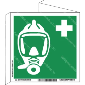 Vészhelyzeti menekülési légzőkészülék utánvilágító tábla, faltól elálló, sátor alakú, kétoldalas (ISO 7010-E029 piktogram)