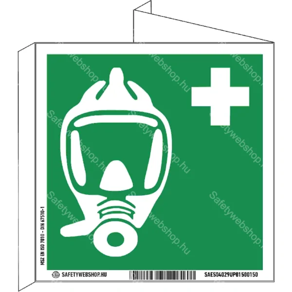 Vészhelyzeti menekülési légzőkészülék utánvilágító tábla, faltól elálló, sátor alakú, kétoldalas (ISO 7010-E029 piktogram)
