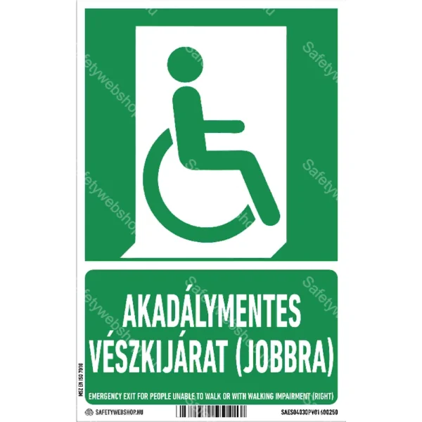 Akadálymentes vészkijárat (jobbra) matrica / tábla (ISO 7010-E030 piktogram + felirat)
