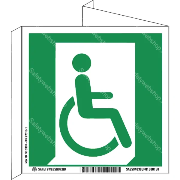Akadálymentes vészkijárat (jobbra)  utánvilágító tábla, faltól elálló, sátor alakú, kétoldalas (ISO 7010-E030 piktogram)