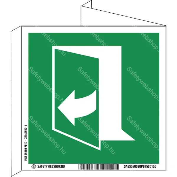 Nyitáshoz húzza az ajtó jobb oldalát! utánvilágító tábla, faltól elálló, sátor alakú, kétoldalas (ISO 7010-E058 piktogram)