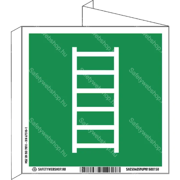 Menekülési létra utánvilágító tábla, faltól elálló, sátor alakú, kétoldalas (ISO 7010-E059 piktogram)