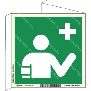 Elsősegélynyújtó utánvilágító tábla, faltól elálló, sátor alakú, kétoldalas (ISO 7010-E064 piktogram)