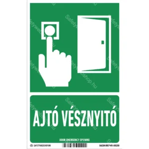 Ajtó vésznyitó utánvilágító tábla, faltól elálló, sátor alakú, kétoldalas (piktogram + felirat)