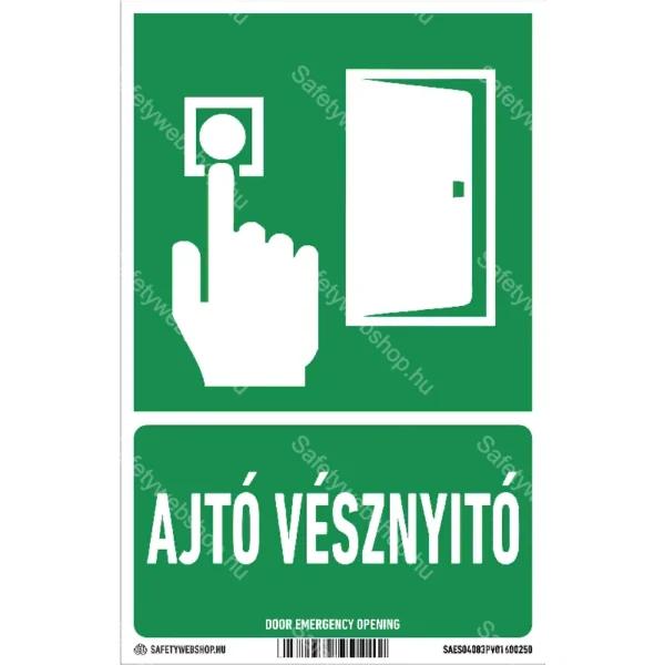 Ajtó vésznyitó utánvilágító tábla, faltól elálló, sátor alakú, kétoldalas (piktogram + felirat)