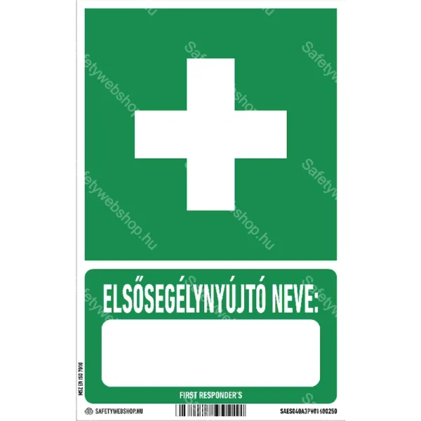 Elsősegélyhely elsősegélynyújtó nevével matrica / tábla (ISO 7010-E003 piktogram + felirat)