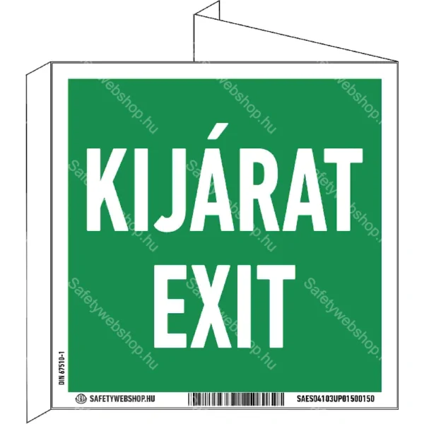 Kijárat – Exit utánvilágító tábla, faltól elálló, sátor alakú, kétoldalas (piktogram)