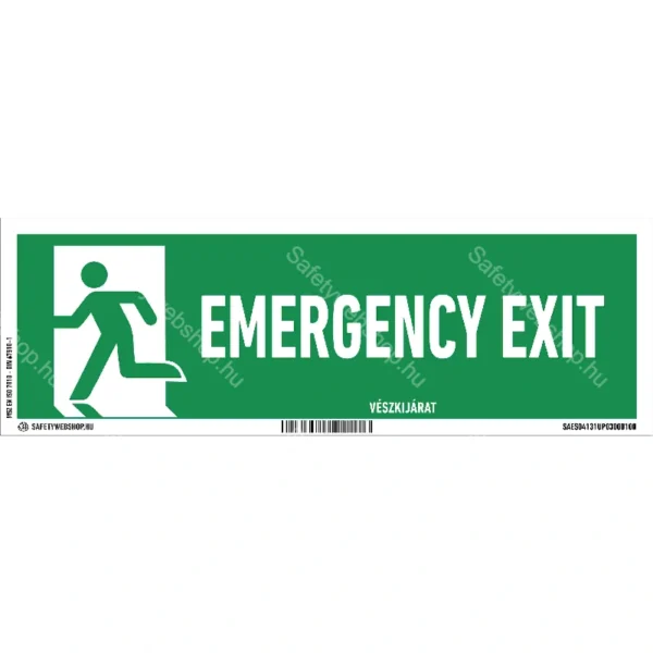 Emergency exit matrica / tábla (ISO 7010-E001 piktogram + felirat)