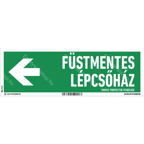 Füstmentes lépcsőház matrica / tábla (felirat + iránnyíl balra)