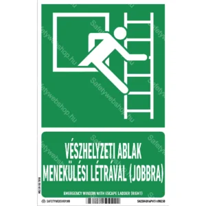 Vészhelyzeti ablak menekülési létrával (jobbra) matrica / tábla (ISO 7010-E016B piktogram + felirat)