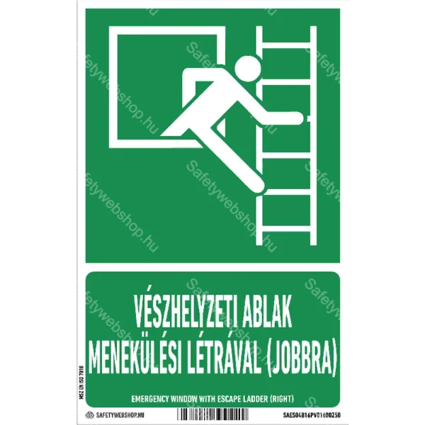 Vészhelyzeti ablak menekülési létrával (jobbra) matrica / tábla (ISO 7010-E016B piktogram + felirat)