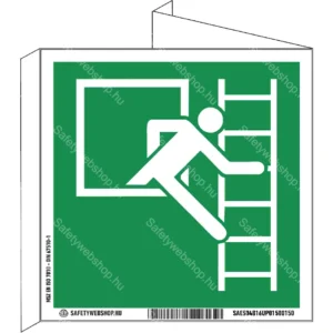 Vészhelyzeti ablak menekülési létrával (jobbra) utánvilágító tábla, faltól elálló, sátor alakú, kétoldalas (ISO 7010-E016B piktogram)