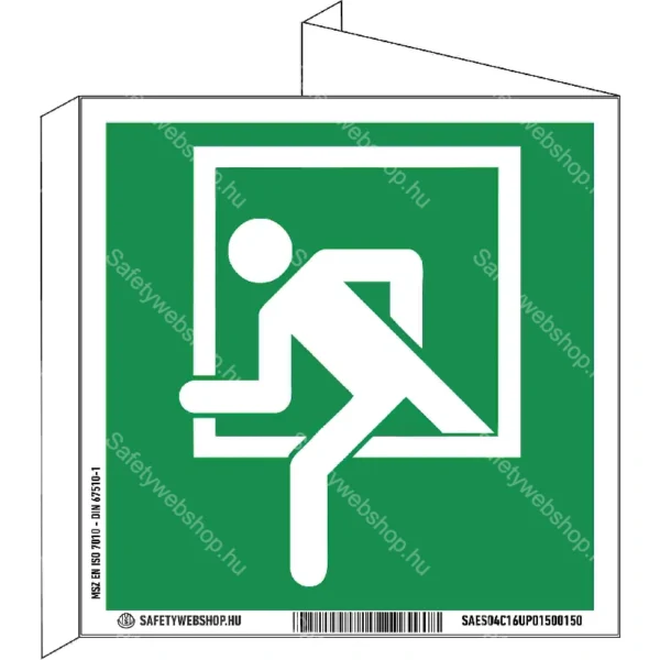 Vészhelyzeti ablak utánvilágító tábla, faltól elálló, sátor alakú, kétoldalas (ISO 7010-E016C piktogram)