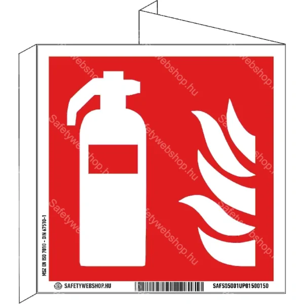 Tűzoltókészülék utánvilágító tábla, faltól elálló, sátor alakú, kétoldalas (ISO 7010-F001 piktogram)