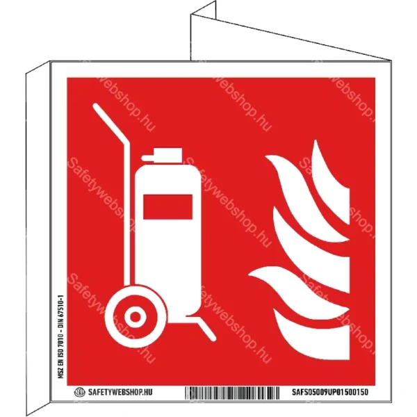 Kerekes tűzoltókészülék utánvilágító tábla, faltól elálló, sátor alakú, kétoldalas (ISO 7010-F009 piktogram)