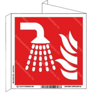 Vízköddel oltó egység utánvilágító tábla, faltól elálló, sátor alakú, kétoldalas (ISO 7010-F011 piktogram)