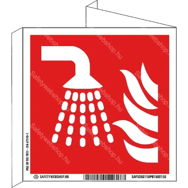 Vízköddel oltó egység utánvilágító tábla, faltól elálló, sátor alakú, kétoldalas (ISO 7010-F011 piktogram)