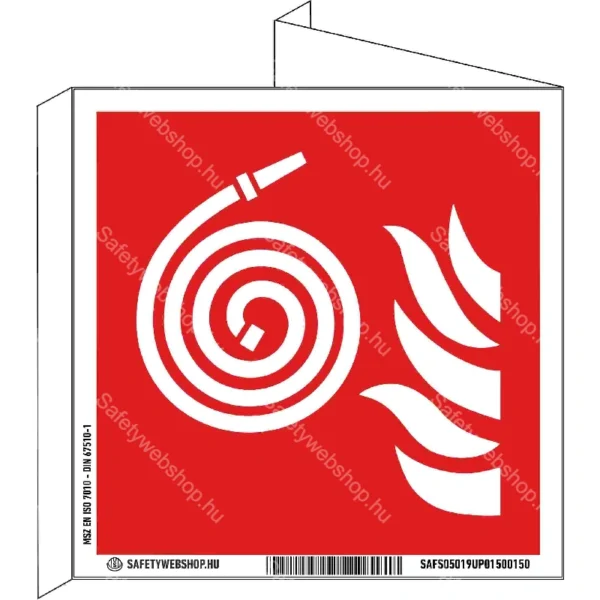 Nem csatlakoztatott tűzoltó tömlő utánvilágító tábla, faltól elálló, sátor alakú, kétoldalas (ISO 7010-F019 piktogram)