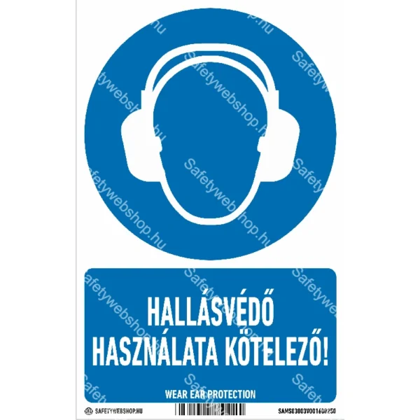 Hallásvédő használata kötelező! matrica / tábla (ISO 7010-M003 piktogram + felirat)