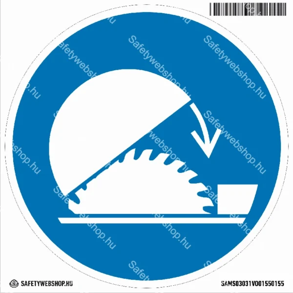 A körfűrész védőburkolatának használata kötelező! matrica (ISO 7010-M031 piktogram)