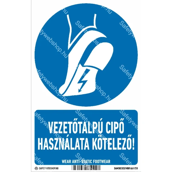 Vezetőtalpú cipő használata kötelező! matrica / tábla (ISO 7010-M032 piktogram + felirat)