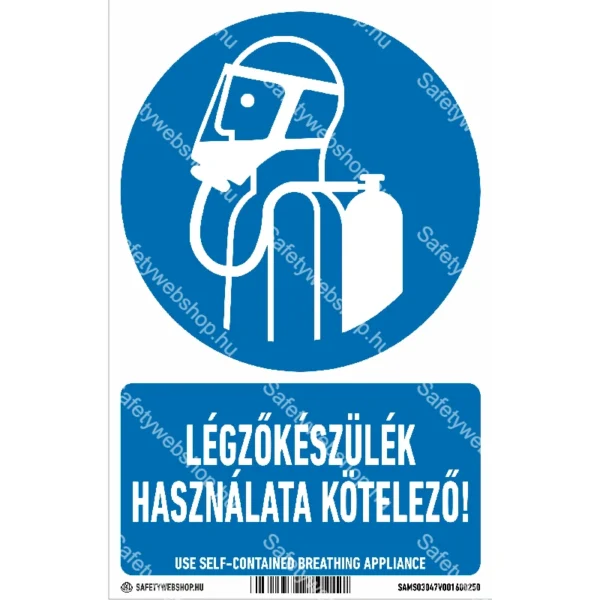 Légzőkészülék használata kötelező! matrica / tábla (ISO 7010-M047 piktogram + felirat)