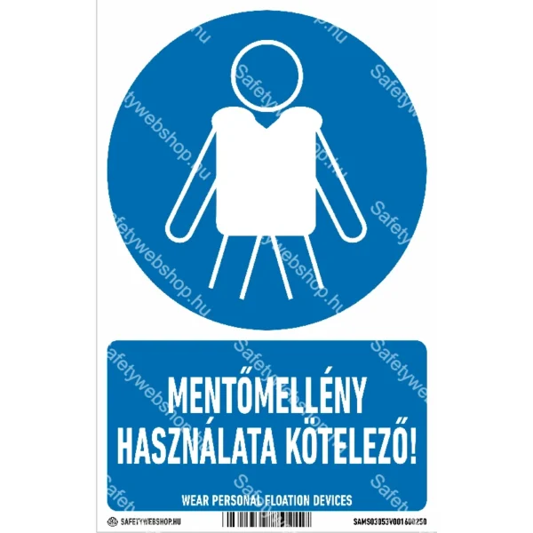 Mentőmellény használata kötelező! matrica / tábla (ISO 7010-M053 piktogram + felirat)