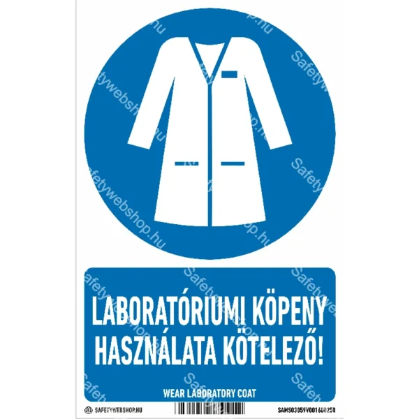 Laboratóriumi köpeny használata kötelező! matrica / tábla (ISO 7010-M059 piktogram + felirat)