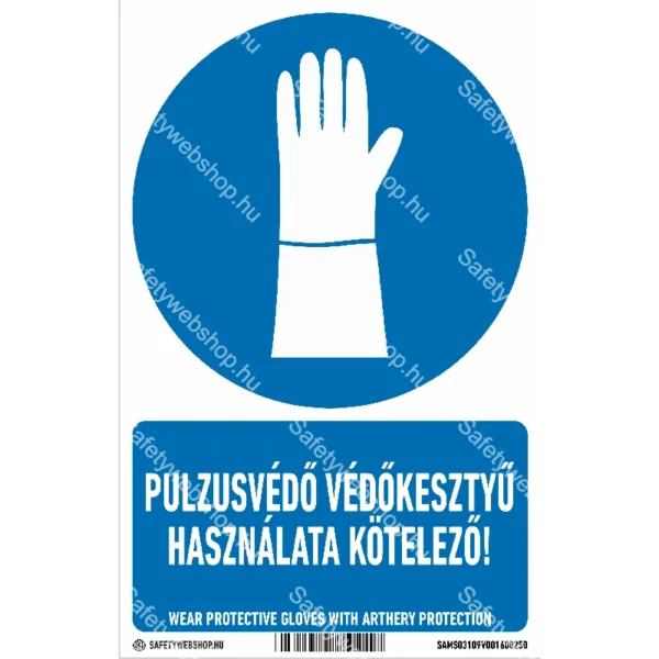 Pulzusvédő védőkesztyű használata kötelező! matrica / tábla (piktogram + felirat)