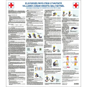 Elsősegélynyújtási útmutató villamos áram okozta balesetnél MSZ1585:2016 műanyag plakát
