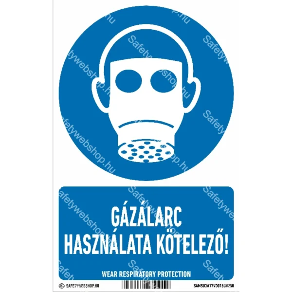 Gázálarc használata kötelező! matrica / tábla (ISO 7010-M017 piktogram + felirat)