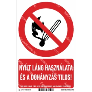 Nyílt láng használata és dohányzás tilos! matrica / tábla (ISO 7010-P003 piktogram + felirat)