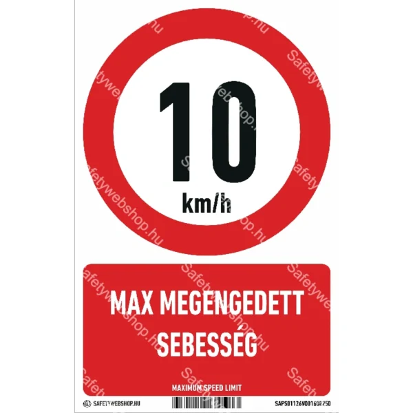 10 km/h max megengedett sebesség matrica / tábla (piktogram + felirat)