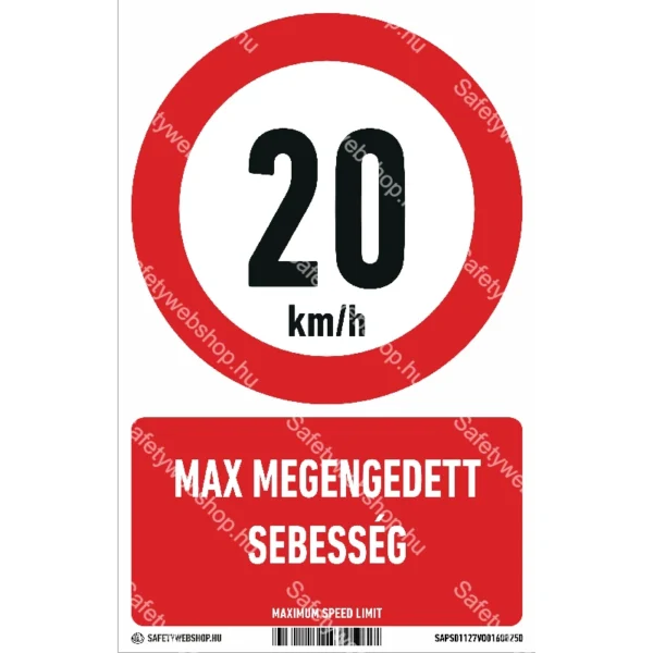 20 km/h max megengedett sebesség matrica / tábla (piktogram + felirat)