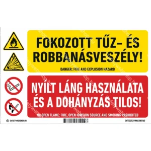 Fokozott tűz- és robbanásveszély! Nyílt láng használata és a  dohányzás tilos! matrica / tábla (piktogram + felirat)