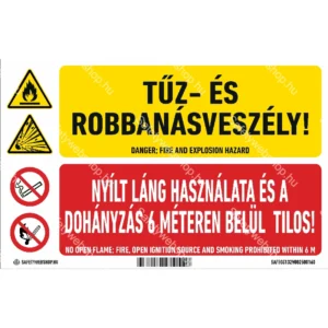 Tűz- és robbanásveszély! Nyílt láng használata és a  dohányzás 6 méteren belül tilos! matrica / tábla (piktogram + felirat)