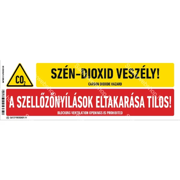 Szén-dioxid-veszély! A szellőzőnyílások eltakarása tilos! / Vinyl, öntapadó matrica / 300 mm x 100 mm