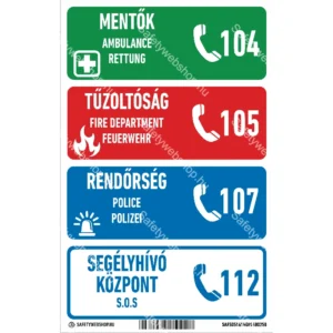 Segélykérő telefonszámok matrica, három nyelvű / tábla (piktogram + felirat)