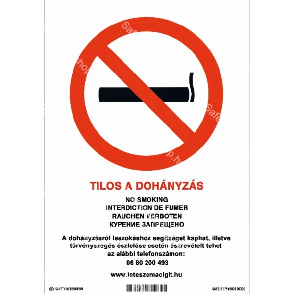 Tilos a dohányzás (5 nyelvű, 39/2013. (II. 14.) Korm. rend.) matrica / tábla (piktogram + felirat)