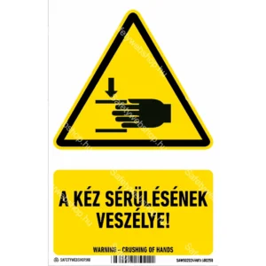 A kéz sérülésének veszélye! matrica / tábla (ISO 7010-W024 piktogram + felirat)