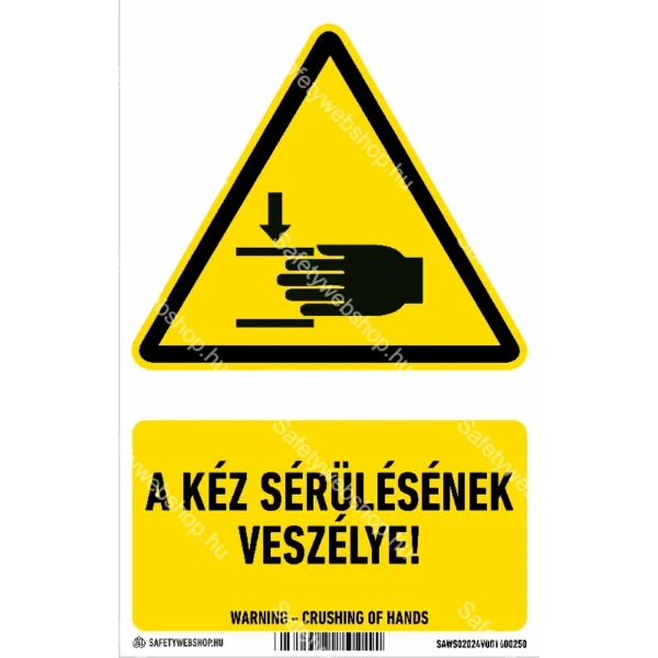 A kéz sérülésének veszélye! matrica / tábla (ISO 7010-W024 piktogram + felirat)